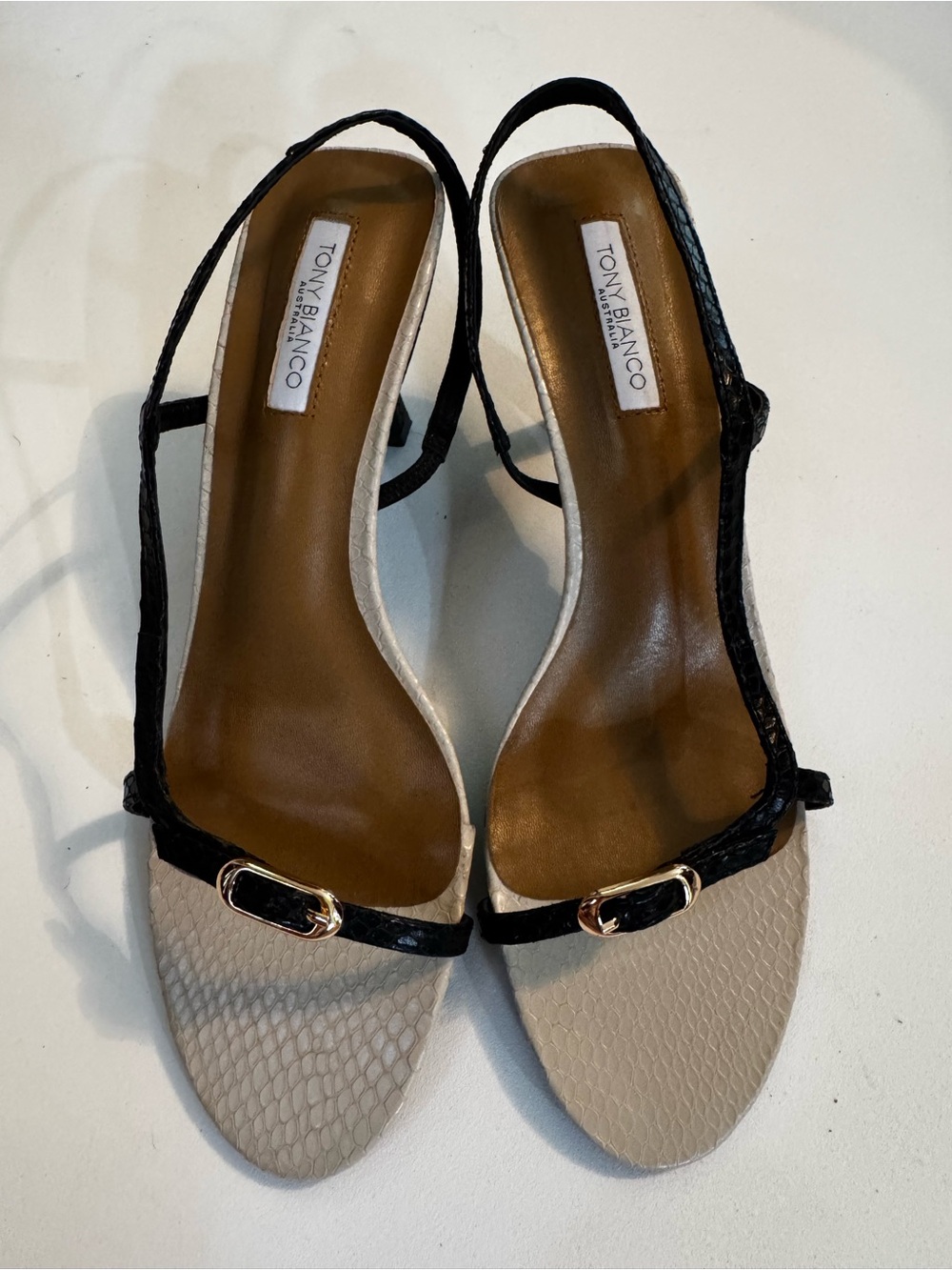 Tony Bianco Black and Cream Slingback Heels with Gold Buckle